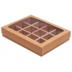 Коробка на 12 конфет с окном крафт 19х15х3,6 см КУ-176 