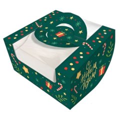 Коробка для бенто-торта "Изумрудный карнавал" 14х14х8 см КУ-727,   КУ-00727 