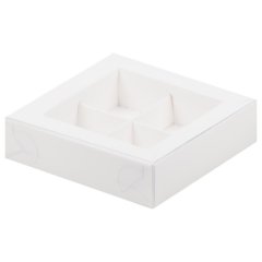 Коробка на 4 конфеты с прозрачной крышкой белая 12х12х3 см 051001