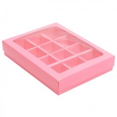 Коробка на 12 конфет с окошком Розовая 19х15х3,6 см КУ-046