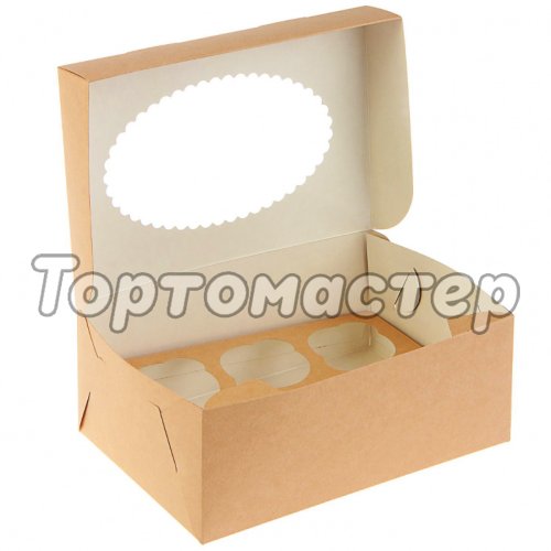 Коробка на 6 капкейков с окном крафт/белая 25 шт OSQ MUF 6