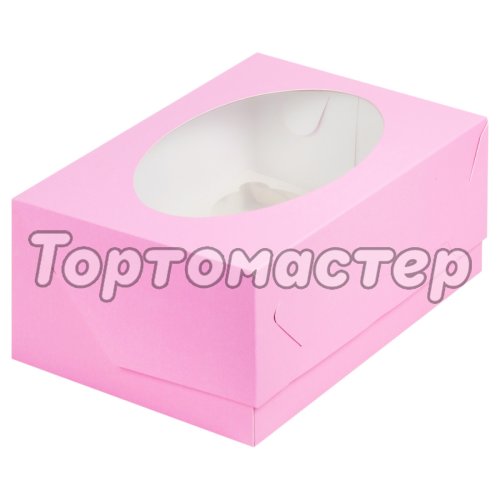 Коробка на 6 капкейков с окном матовая розовая 040384 ф