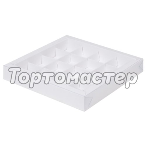 Коробка на 16 конфет с прозрачной крышкой белая 20х20х3 см 50501, 050501