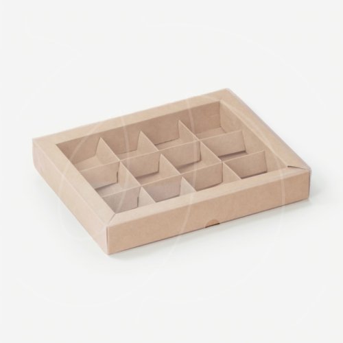 Коробка на 12 конфет с прозрачной крышкой крафт 16х20х3 см 